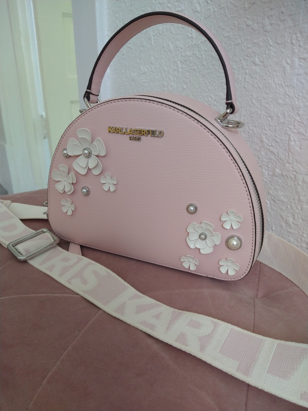 Karl Lagerfeld Pink Floral Pearl Accent Dome Satchel